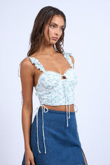 Blue Star Floral Ruffle Tie Strap Corset Crop Top