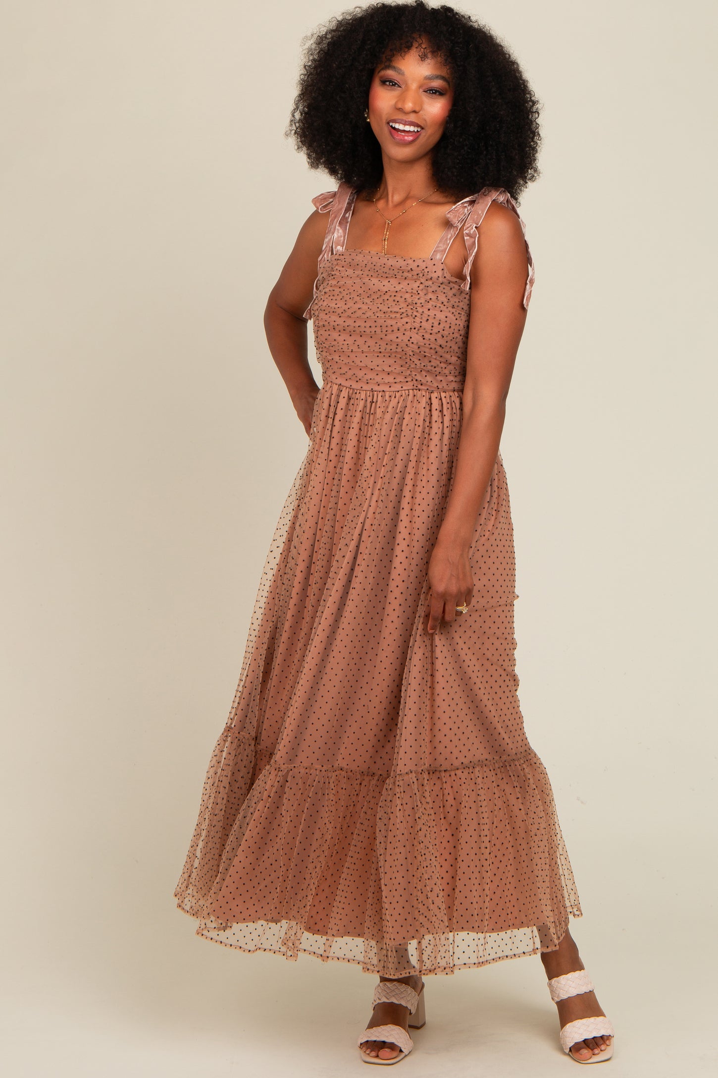 Camel Dotted Mesh Overlay Shoulder Tie Maternity Midi Dress
