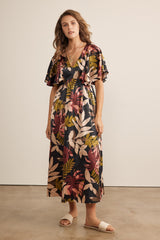 Black Tropical Print Flutter Sleeve Satin Maternity Midi Dress