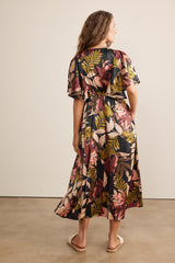 Black Tropical Print Flutter Sleeve Satin Midi Dress