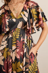 Black Tropical Print Flutter Sleeve Satin Midi Dress