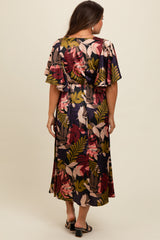 Black Tropical Print Flutter Sleeve Satin Maternity Midi Dress