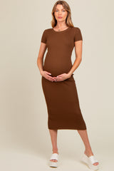 Brown Short Sleeve Rib Knit Maternity Midi Dress