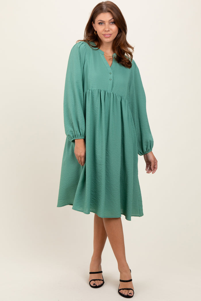 Mint Green Pin Stripe Split Neckline Maternity Midi Dress