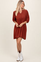 Rust Button Up Split Neck Dress