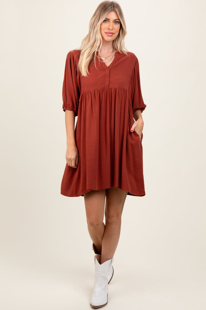 Rust Button Up Split Neck Maternity Dress
