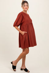 Rust Button Up Split Neck Maternity Dress