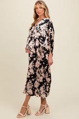 Black Floral Satin Pleated V-Neck Maternity Maxi Dress