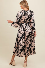 Black Floral Satin Pleated V-Neck Maternity Maxi Dress