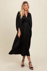 Black Satin Pleated V-Neck Maxi Dress