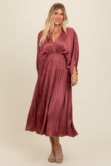 Mauve Satin Pleated V-Neck Maxi Dress