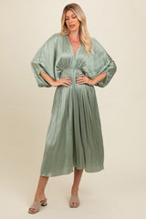 Light Olive Satin Pleated V-Neck Maxi Dress