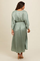 Light Olive Satin Pleated V-Neck Maternity Maxi Dress