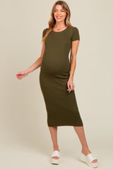 Olive Short Sleeve Rib Knit Maternity Midi Dress