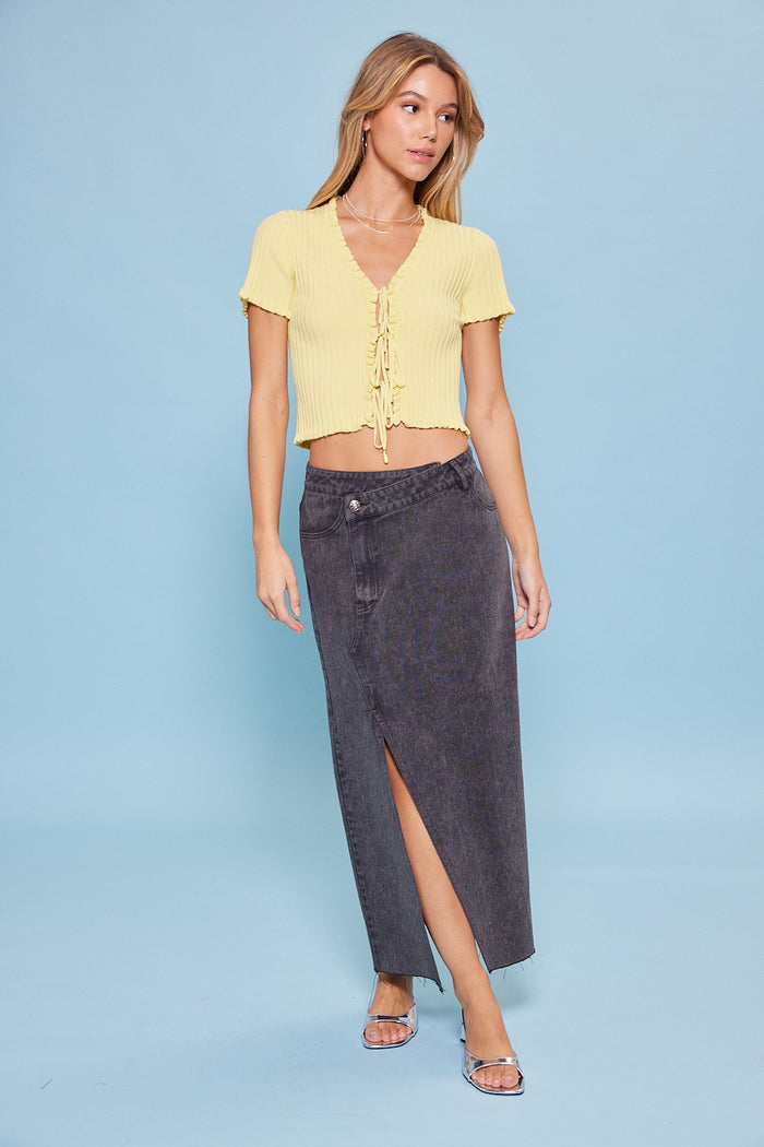 Lemon Coquette Ruffled Cardigan With Front Tie Detail