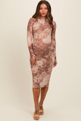 Rust Floral Mesh Overlay Fitted Maternity Midi Dress