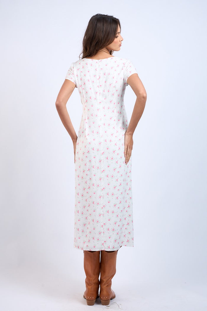 Pink Floral Pattern V-Neck Short Sleeve Long Dress