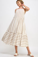 White Taupe Stripe Midi Dress