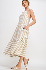 White Taupe Stripe Midi Dress