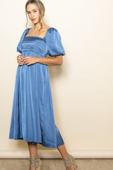 Blue Satin Pleated Bodice Puff Sleeve Maternity Midi Dress