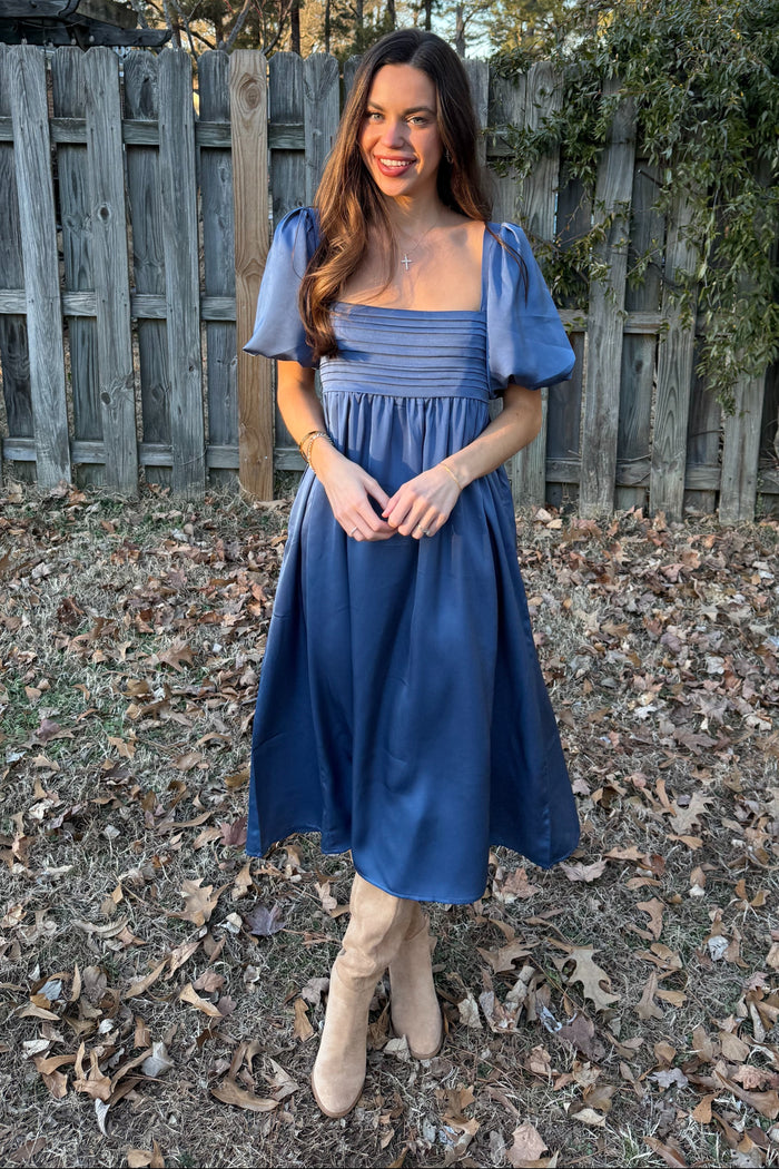 Blue Satin Pleated Bodice Puff Sleeve Midi Dress