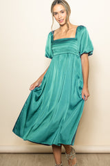 Emerald Green Satin Pleated Bodice Puff Sleeve Maternity Midi Dress