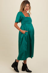 Emerald Green Satin Pleated Bodice Puff Sleeve Maternity Midi Dress