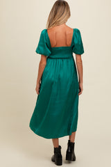 Emerald Green Satin Pleated Bodice Puff Sleeve Maternity Midi Dress