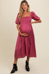 Mauve Satin Pleated Bodice Puff Sleeve Maternity Midi Dress