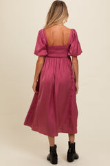 Mauve Satin Pleated Bodice Puff Sleeve Maternity Midi Dress