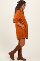 Orange Braided Trim Detail Button Down Maternity Dress