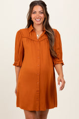 Orange Braided Trim Detail Button Down Maternity Dress