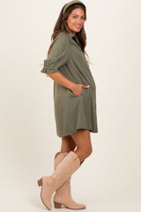 Olive Braided Trim Detail Button Down Maternity Dress