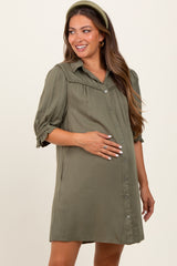 Olive Braided Trim Detail Button Down Maternity Dress