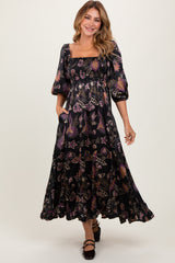 Black Floral Smocked Ruffled Hem Maternity Maxi Dress