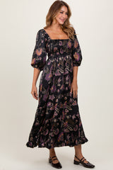 Black Floral Smocked Ruffled Hem Maxi Dress