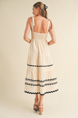 Almond Cream Tiered Trim Midi Dress