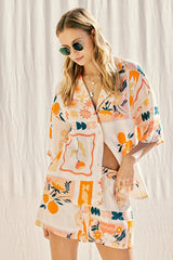 Apricot Printed Shirt Top And Shorts Set