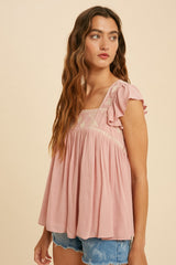 Dusty Rose Embroidered Square Neck Babydoll Top