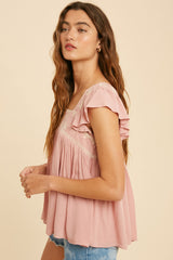 Dusty Rose Embroidered Square Neck Babydoll Top