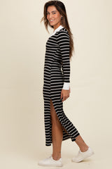 Black Striped Collared Long Sleeve Midi Dress