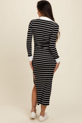 Black Striped Collared Long Sleeve Midi Dress