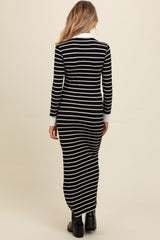 Black Striped Collared Long Sleeve Maternity Midi Dress