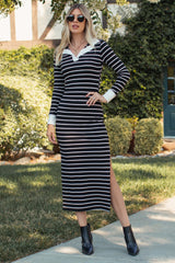 Black Striped Collared Long Sleeve Maternity Midi Dress