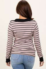 Beige Striped Ribbed Collared Long Sleeve Top