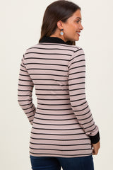 Beige Striped Ribbed Collared Long Sleeve Maternity Top