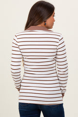 White Striped Ribbed Collared Long Sleeve Maternity Top