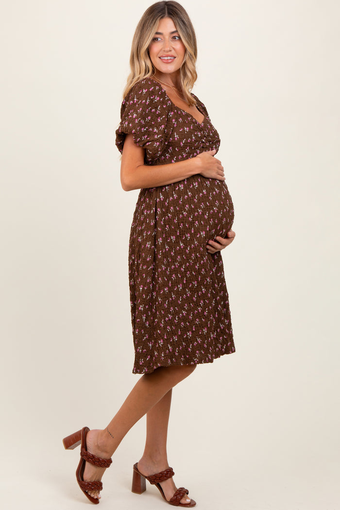 Brown Floral Smocked Sweetheart Maternity Dress