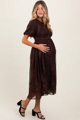 Brown Floral Embroidered Mesh Overlay Smocked Maternity Midi Dress