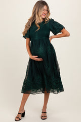 Forest Green Floral Lace Smocked Maternity Midi Dress